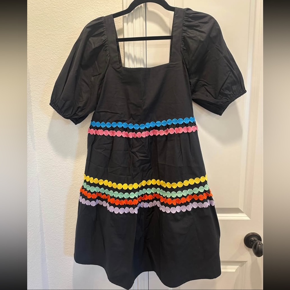 Black Puff Sleeve Dress with Colorful Ric Rac